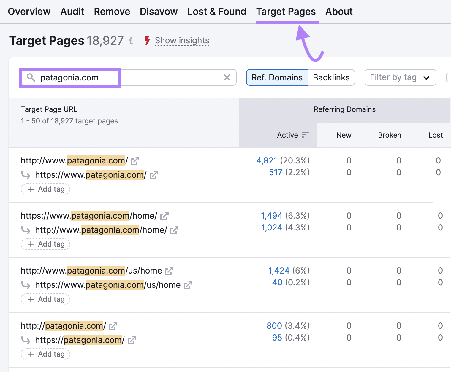 “Target Pages” tab in Backlink Audit tool