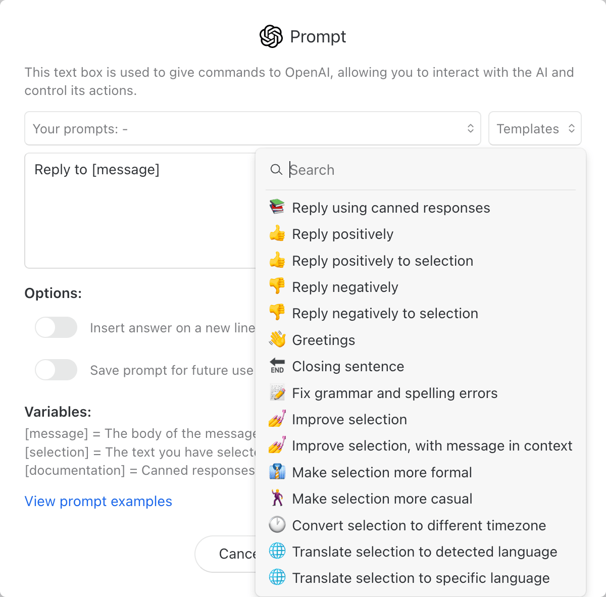 "Prompts" section in Missive