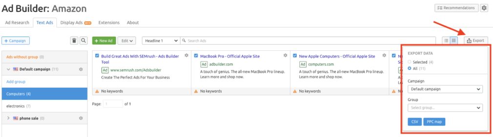 export ads option in SEMrush.