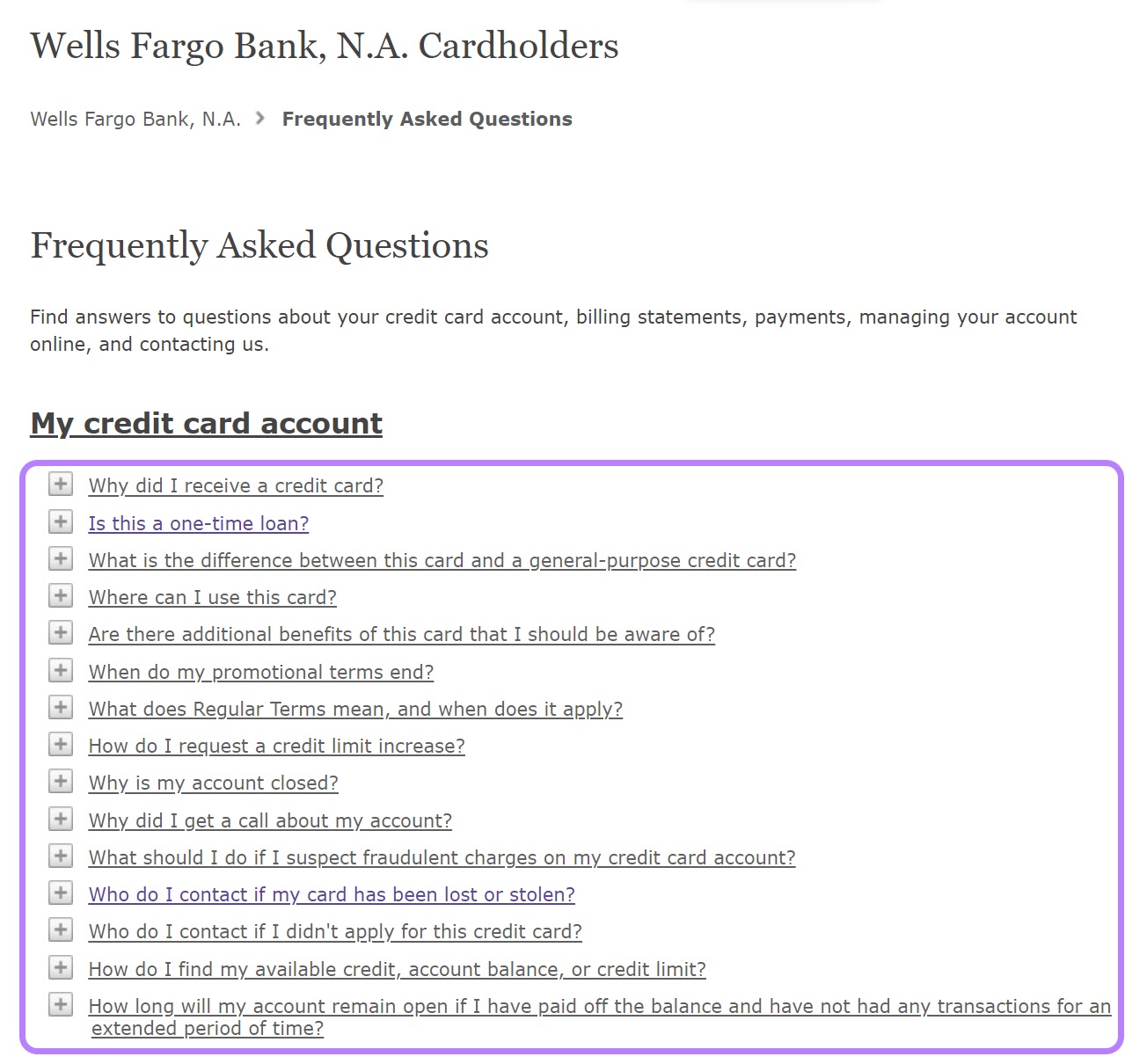 Wells Fargo’s FAQ page