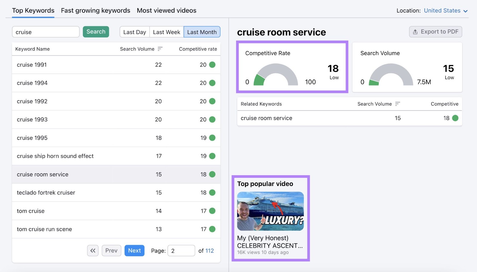 Results for "cruise" with top popular video section highlighted