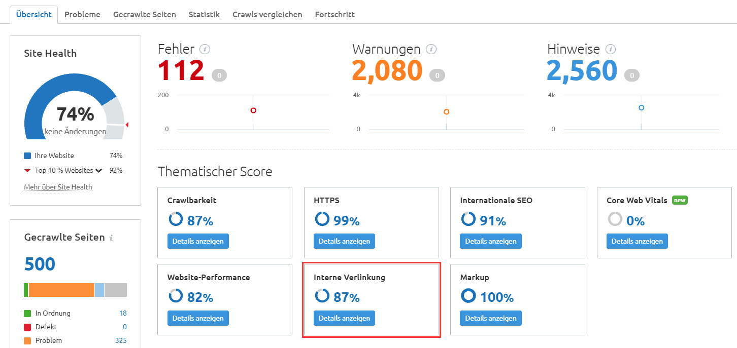 Interne Verlinkung im Site Audit