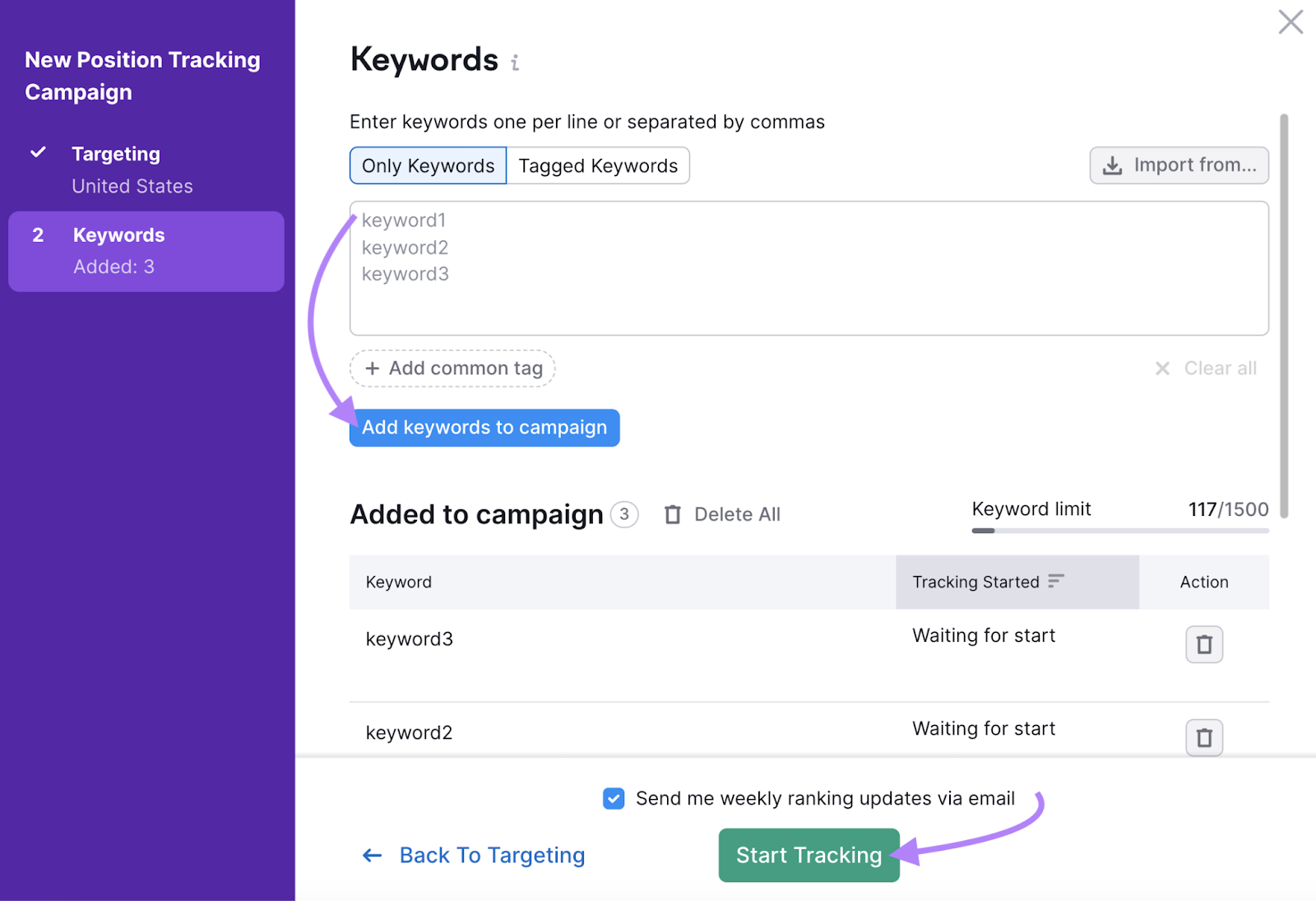 add keywords to campaign in position tracking tool settings