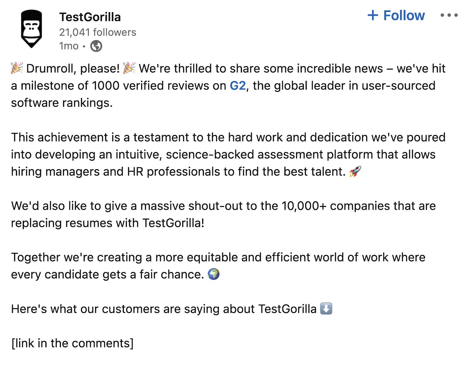 TestGorilla's LinkedIn post sharing the achievement of receiving more than 1,000 verified reviews about their product