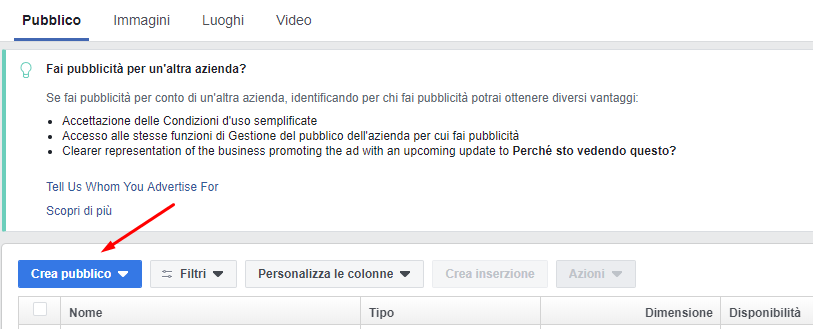 Facebook Business Manager: crea un pubblico