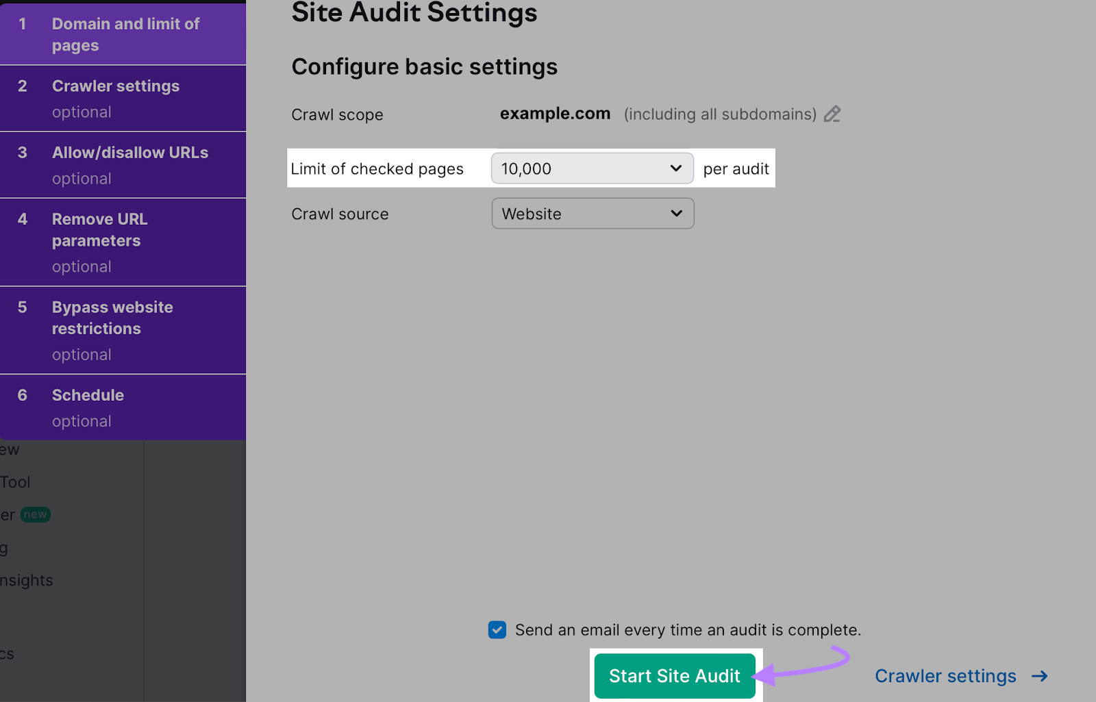 select the number of pages you want to check for issues per audit in Site Audit Settings