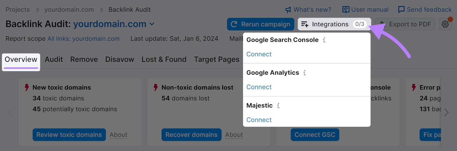 Connect Backlink Audit to Google Search Console under "integrations"