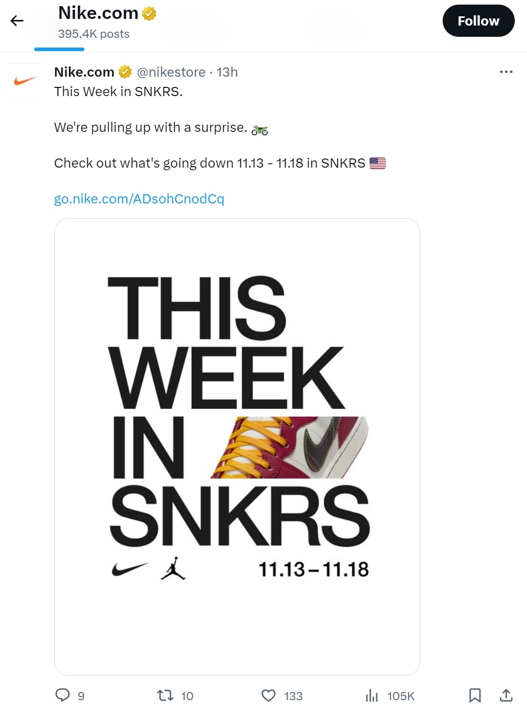 Nike's post on X (formerly Twitter) with "This Week in SNKTS" copy
