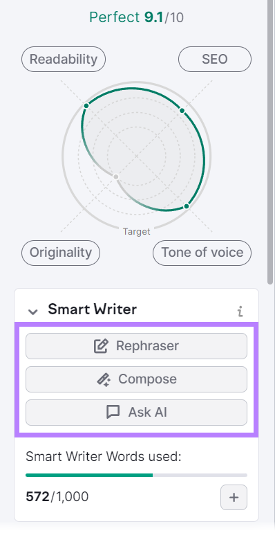 “Rephraser,” “Compose,” and “Ask AI” features highlighted in SWA's right sidebar