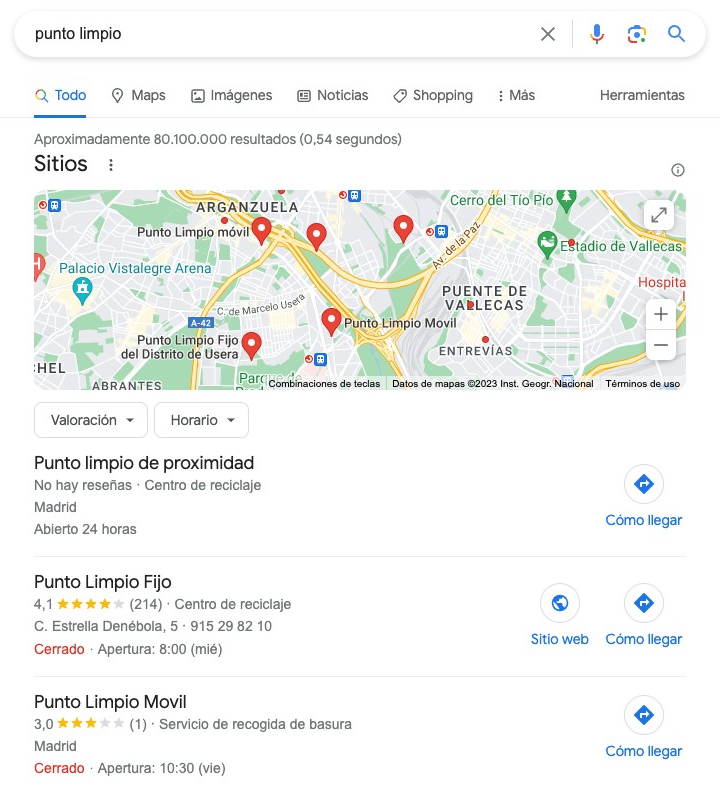 "Local Pack" en la parte superior de las SERP para "punto limpio"