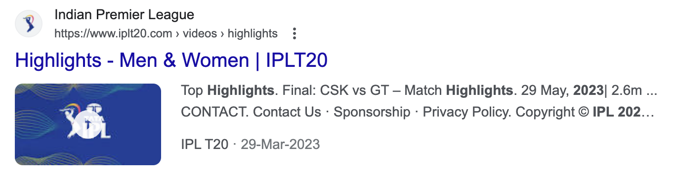 Indian Premiere League's "Highlights - Men & Women | IPLT20" rich snippet result on Google