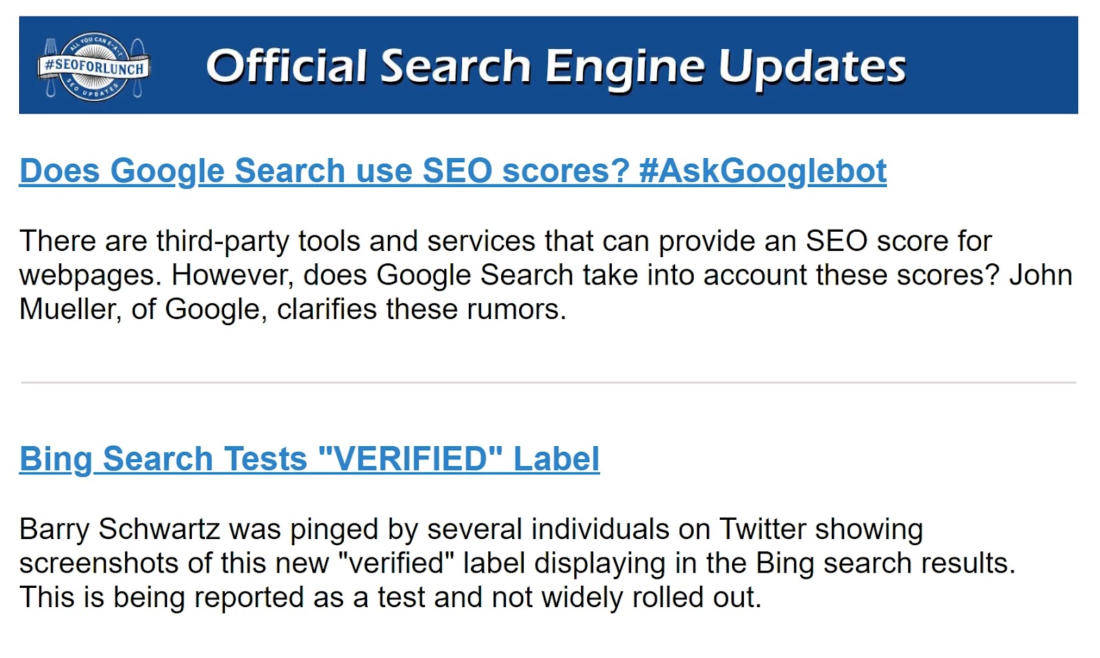 "Official Search Engine Updates" section of #SEOForLunch newsletter
