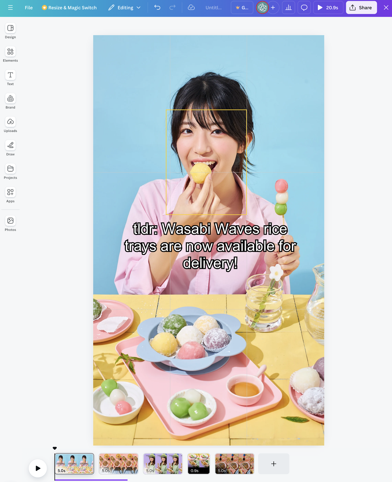 Canva interface showing a social media post of a person holding a rice ball while sitting at a colorful table