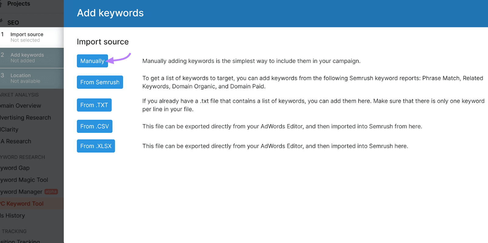 PPC Keyword Tool showing the "Add keywords" section with a focus on the option to import keywords manually.