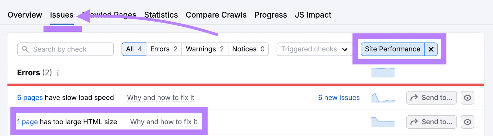 Site Performance issues as detected by Site Audit with the error "1 page has too large HTML size" highlighted