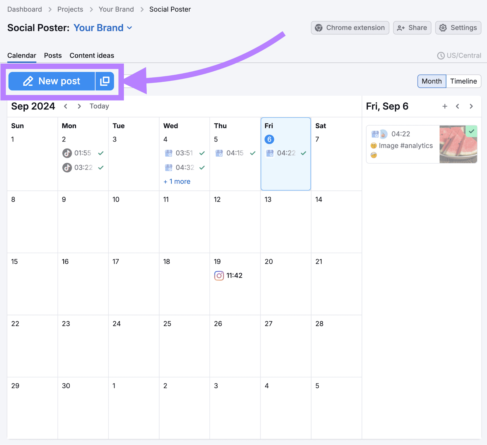 Semrush Social Poster's calendar view with the "New Post" button highlighted