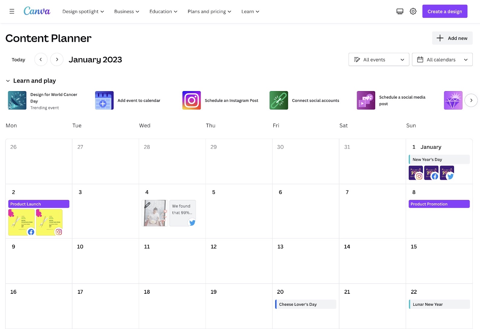 Calendar view of 'Content Planner' on Canva showing the posts scheduled across social media platforms on each day of the month.