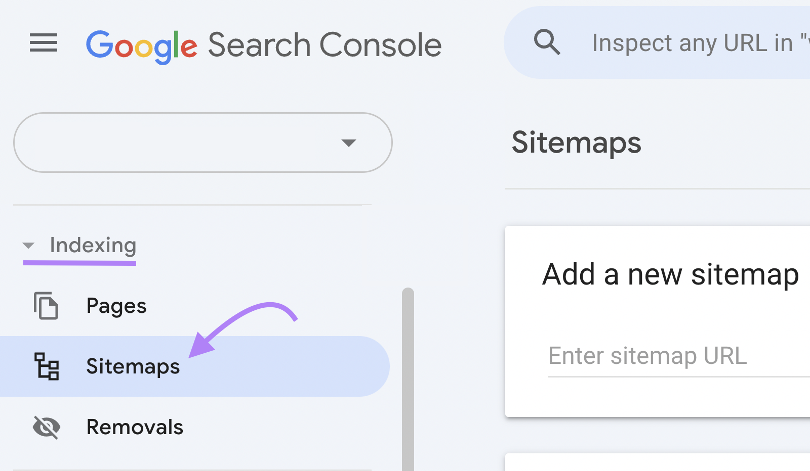 Google Search Console interface showing where to find the option to add an XML sitemap.