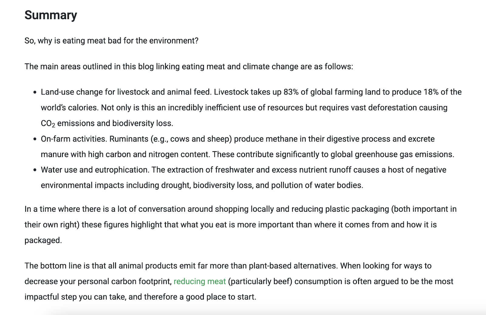 Summary section of Green Element's article on meat impact consumption on the environment