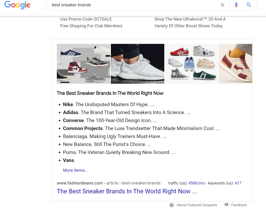 Featured Snippet example screenshot