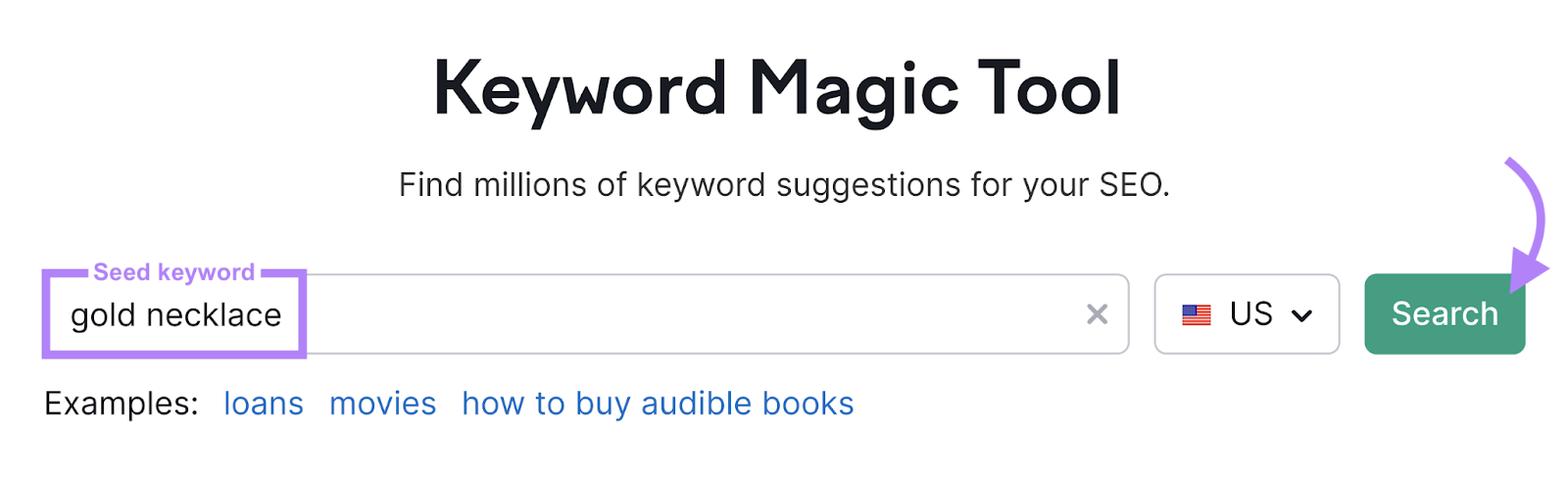 "gold necklace" typed in the search bar for the Keyword Magic Tool. The term is labeled "Seed keyword."