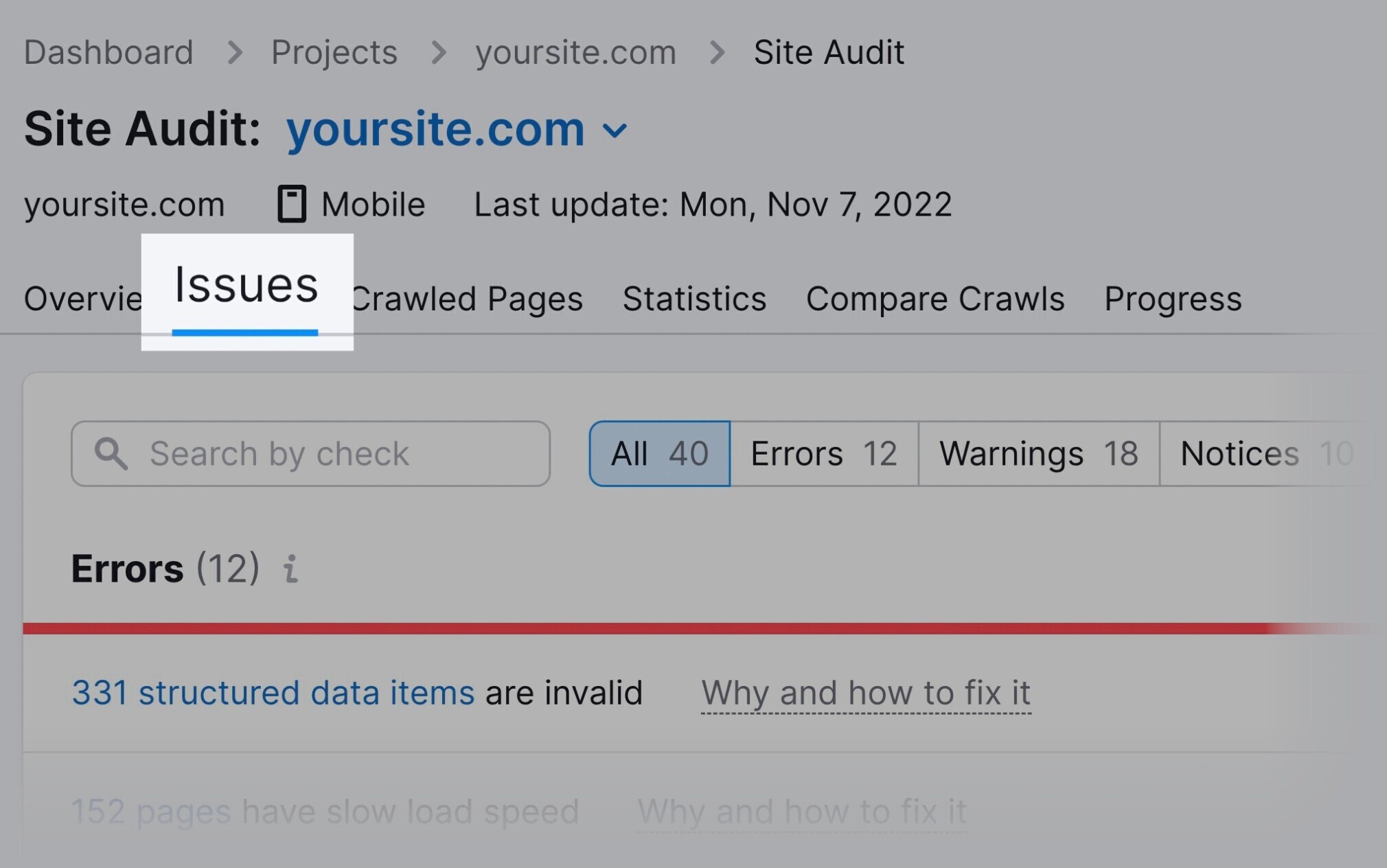 semrush site audit issues tab