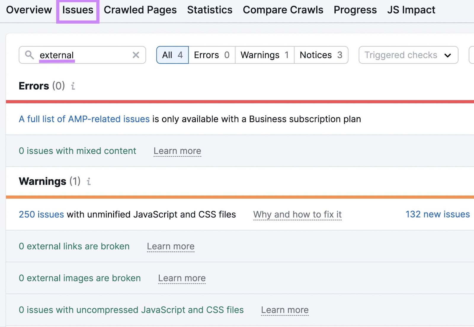 External linking issues identified in Site Audit tool