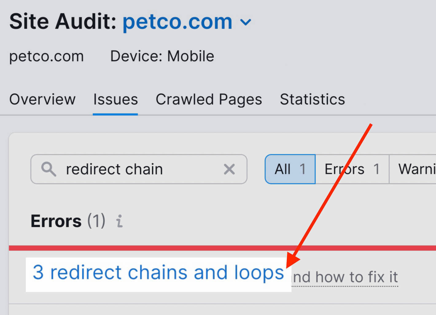 "3 redirect chains and loops” shown for "petco.com" project in Site Audit