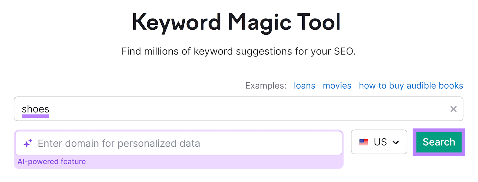 Search for "shoes" successful  the US with the Keyword Magic Tool