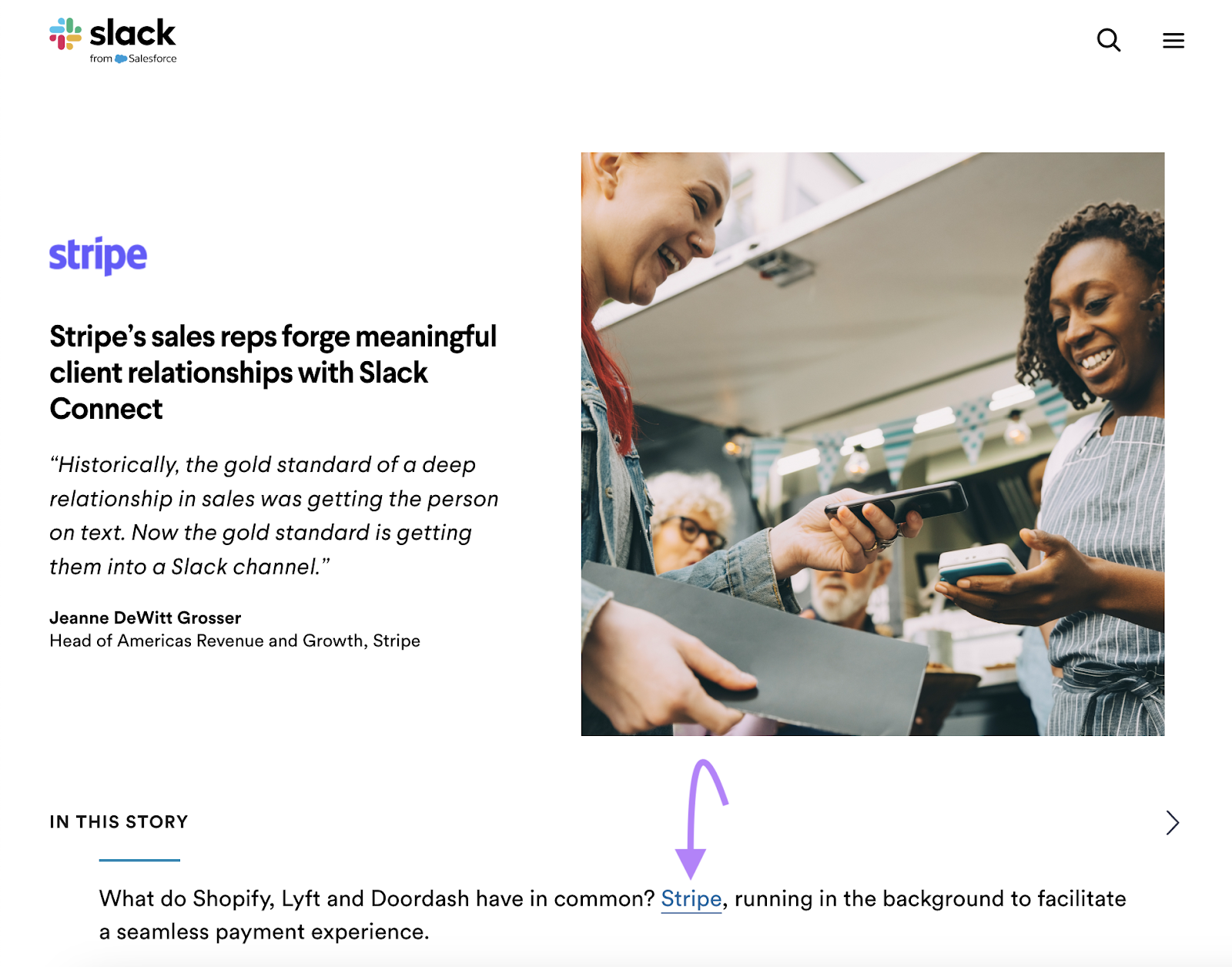 Slack article features Stripe as a partner and provides a backlink in the article text