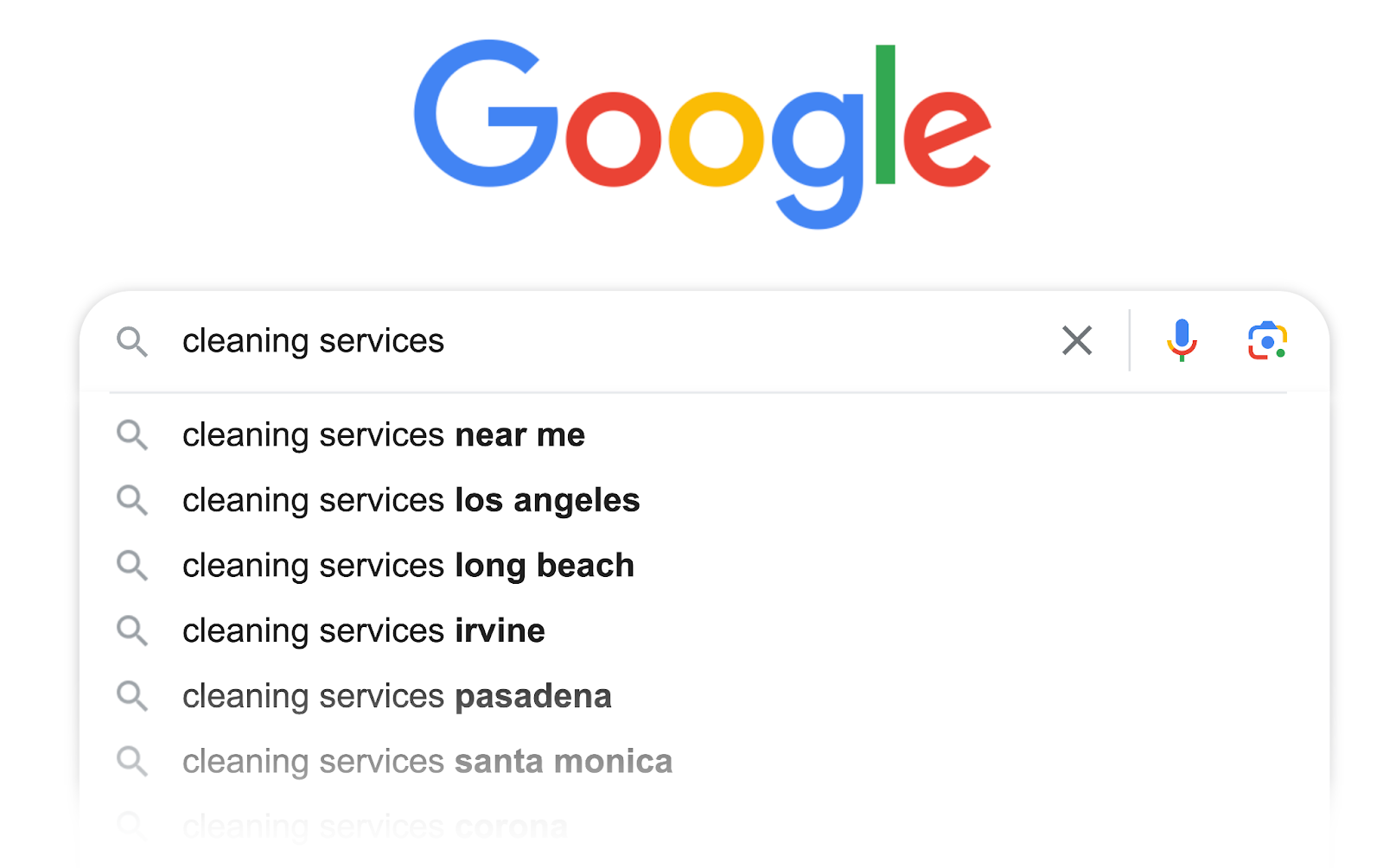 google autocomplete for cleaning services shows keywords like near me, los angeles, long beach, and more