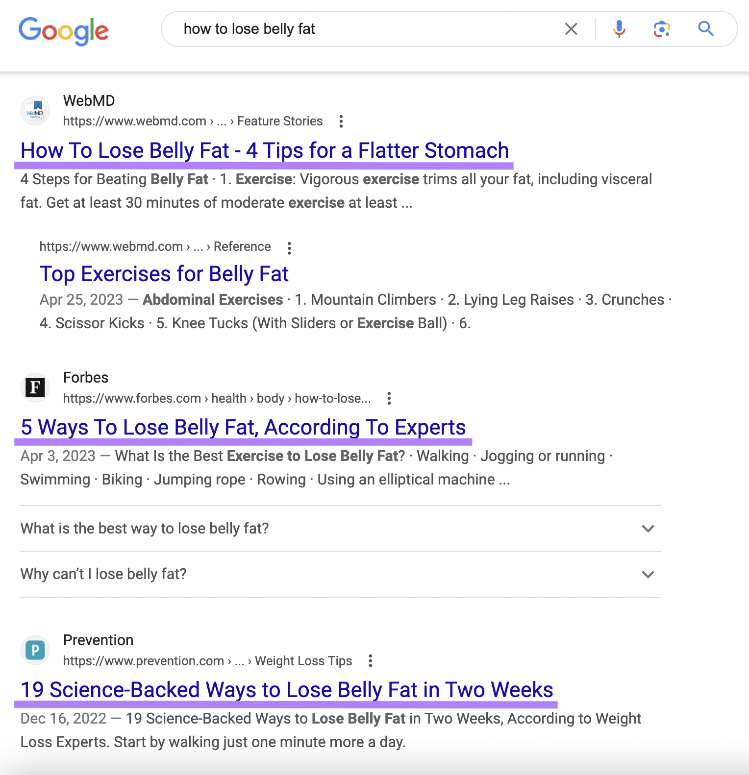 Google search results for “how to lose belly fat”