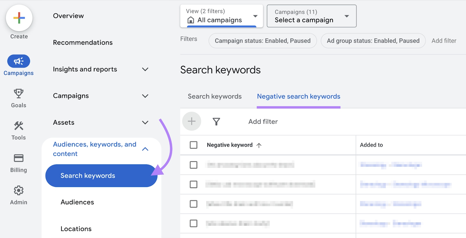 navigate to negative search keywords tab