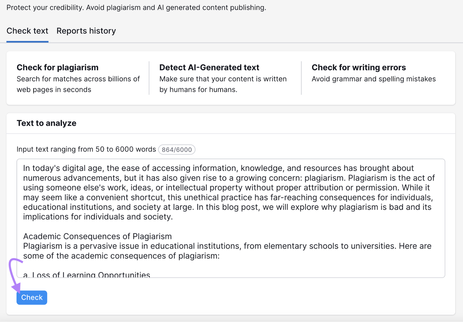 Finestra "Controlla testo" in Plagiarism Checker