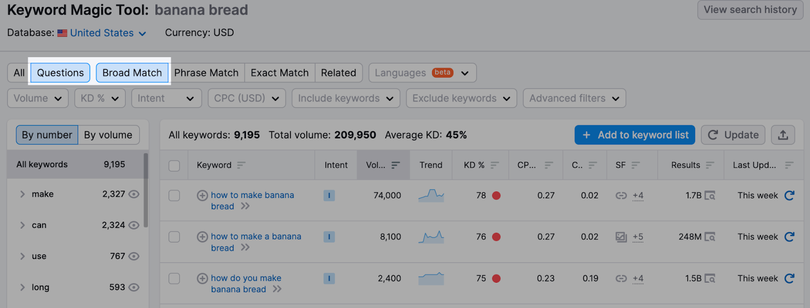 screenshot of Keyword Magic Tool where you can see how to find question-based keywords