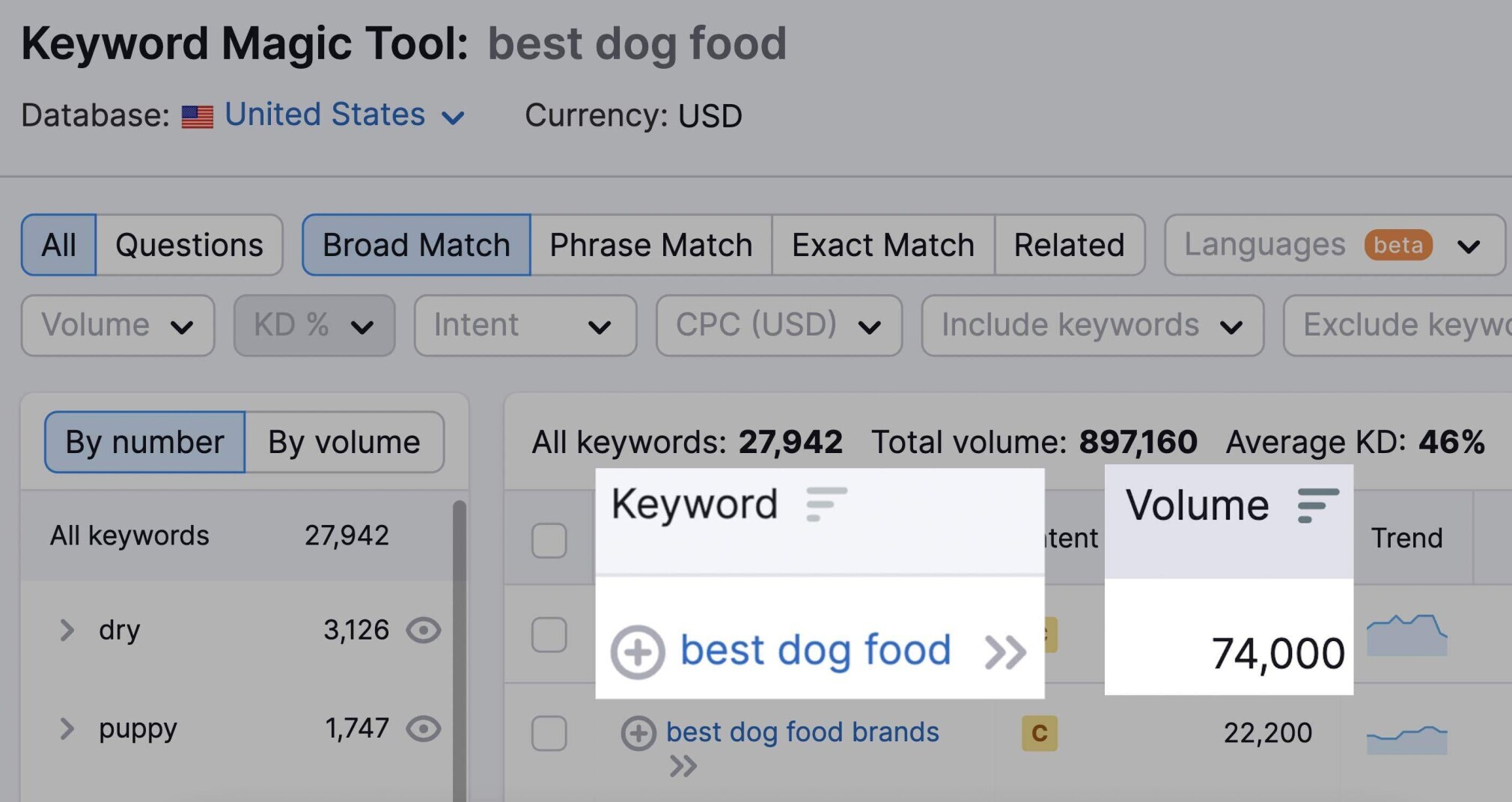meilleur volume de mots-clés d'aliments pour chiens