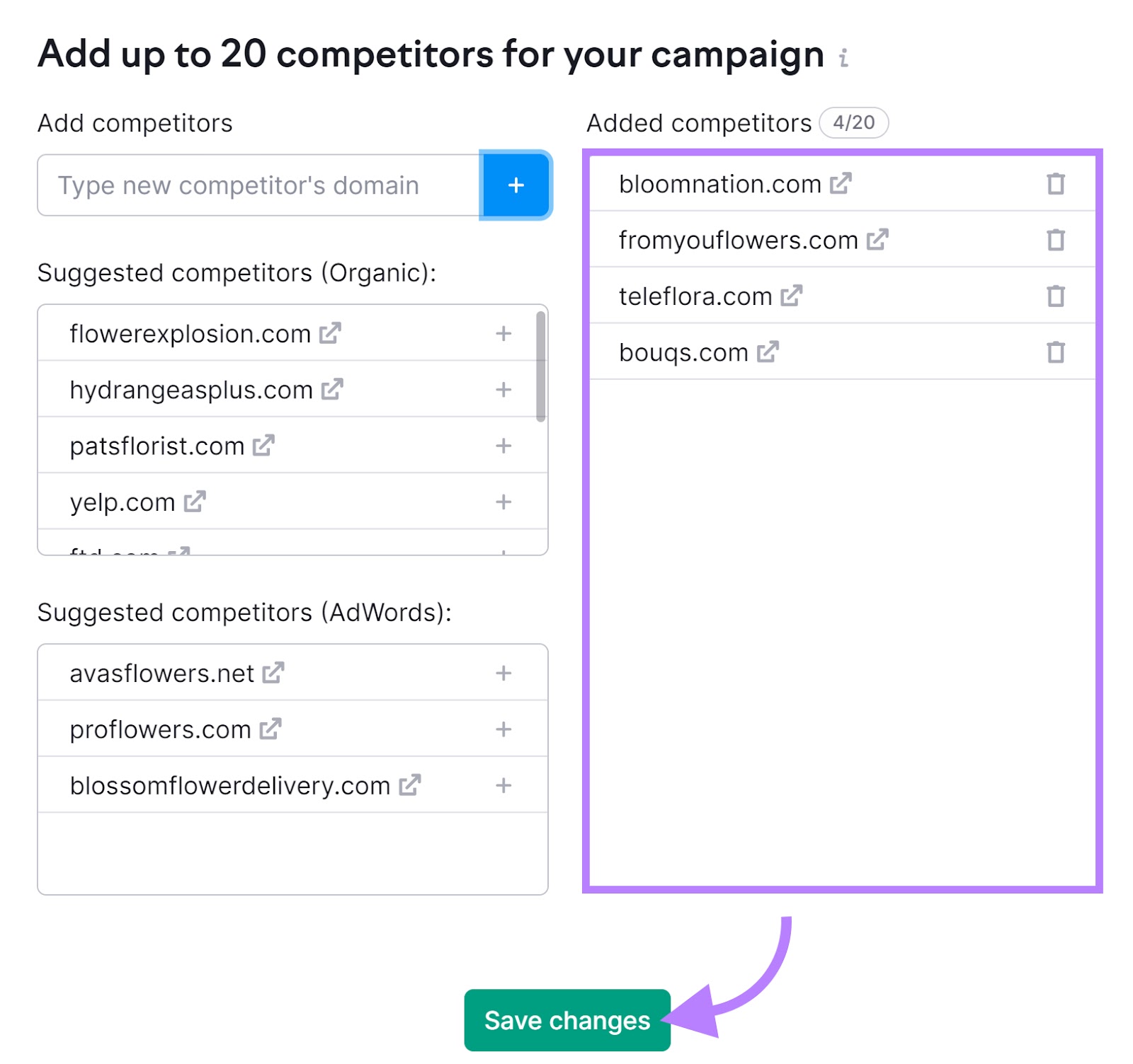 Position Tracking tool showing the "Add up to 20 competitors for your campaign" window.