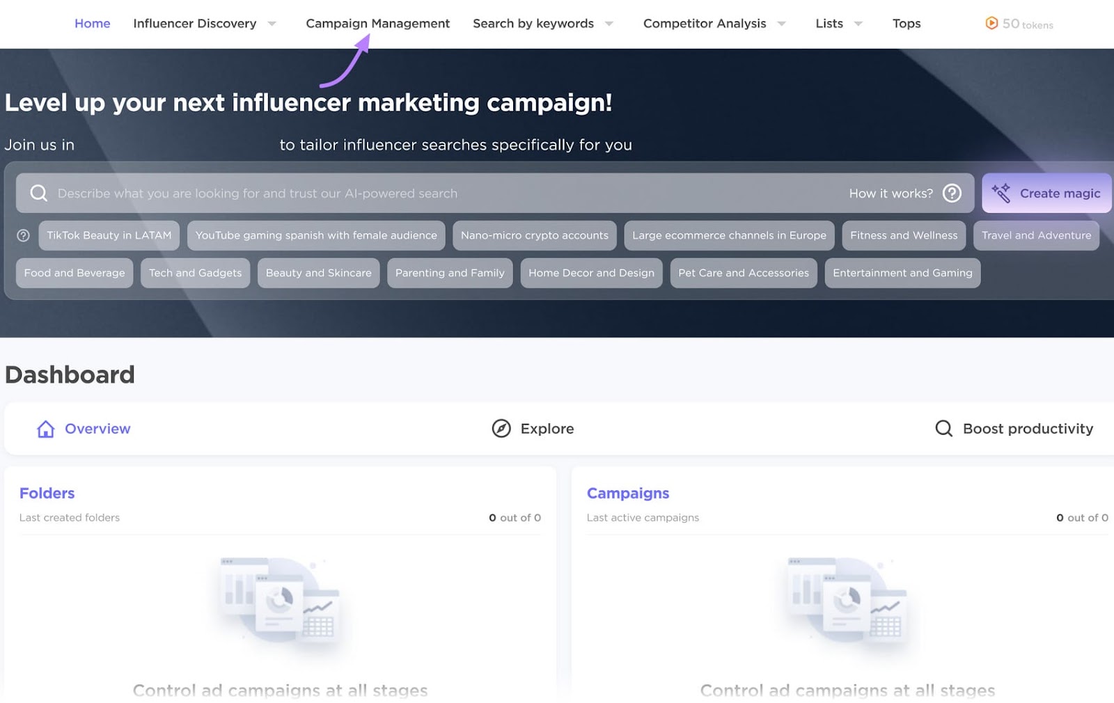 Influencer Analytics "Campaign Management" dashboard with a navigation bar, search options, and campaign sections.