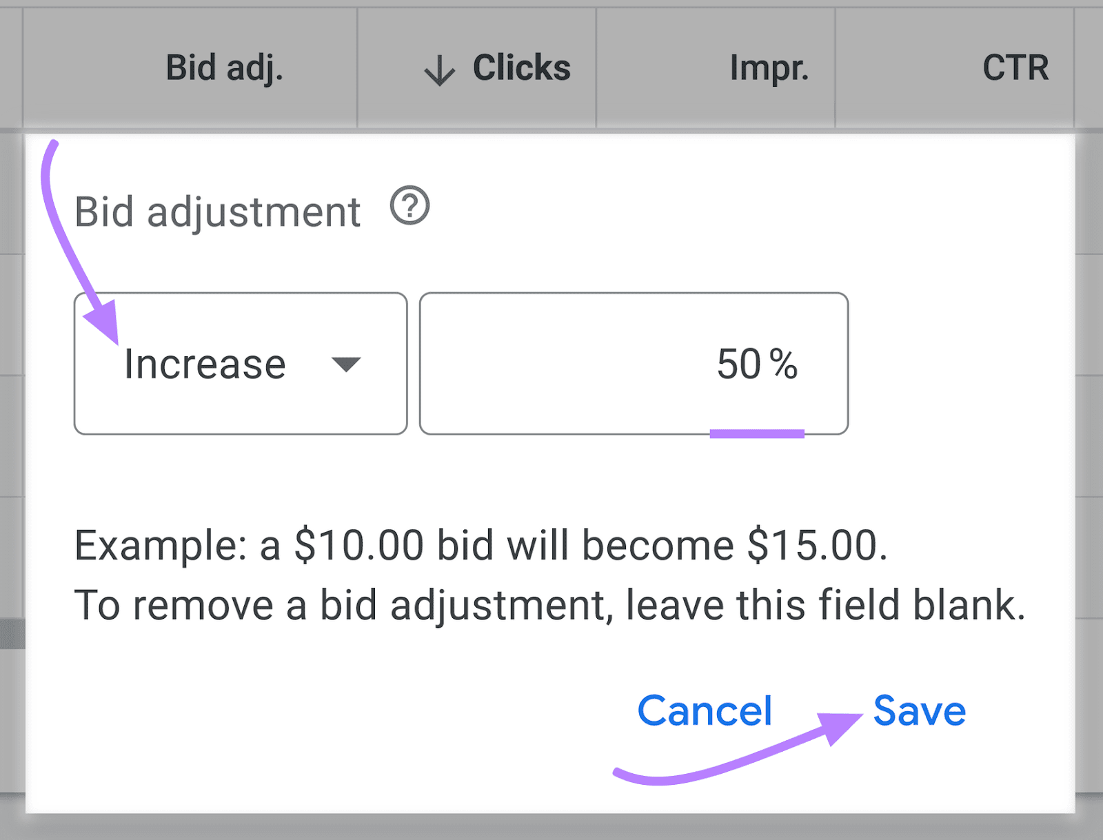 Bid adjustment set to "Increase 50%"