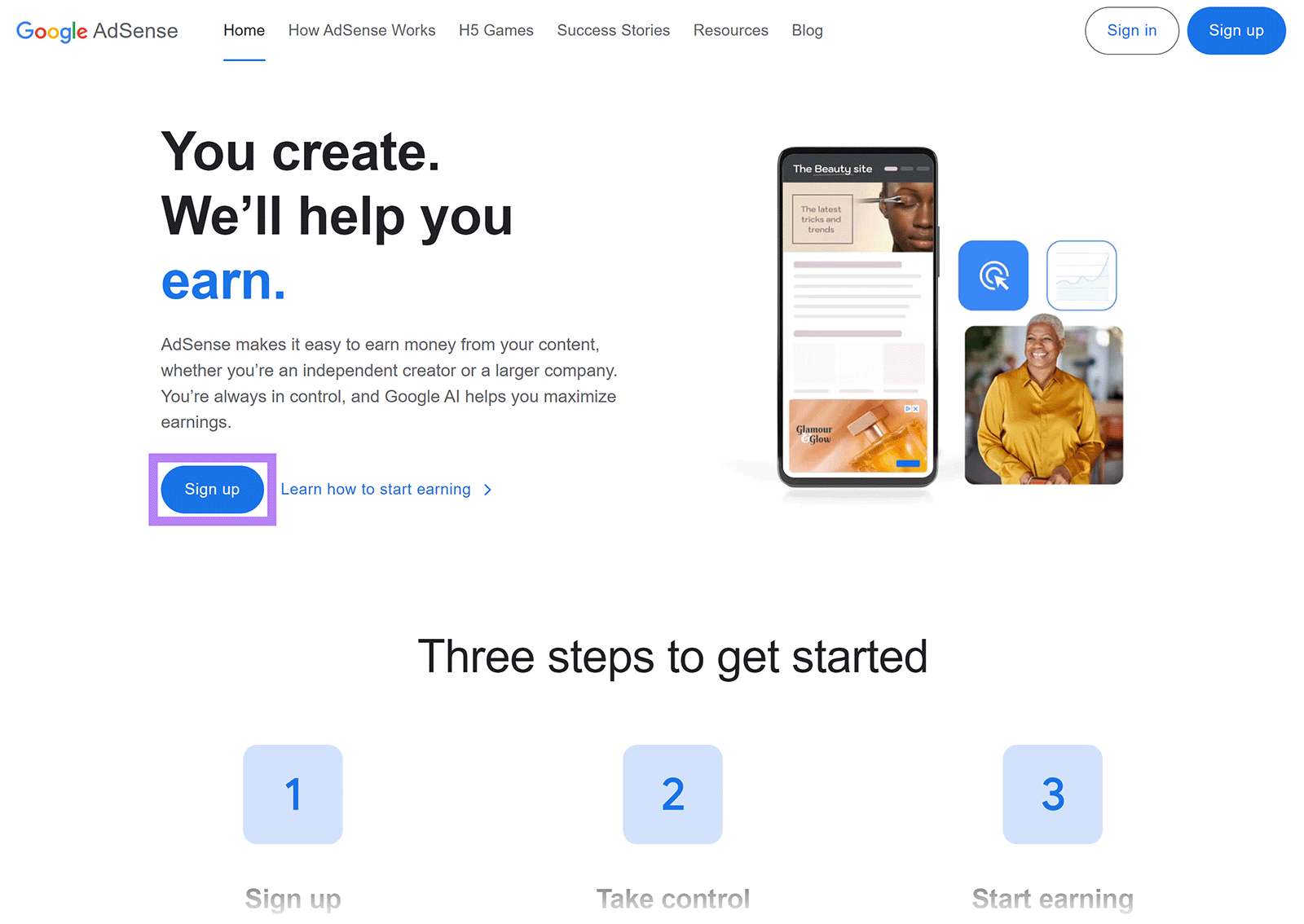 Google AdSense start page with Sign up button highlighted