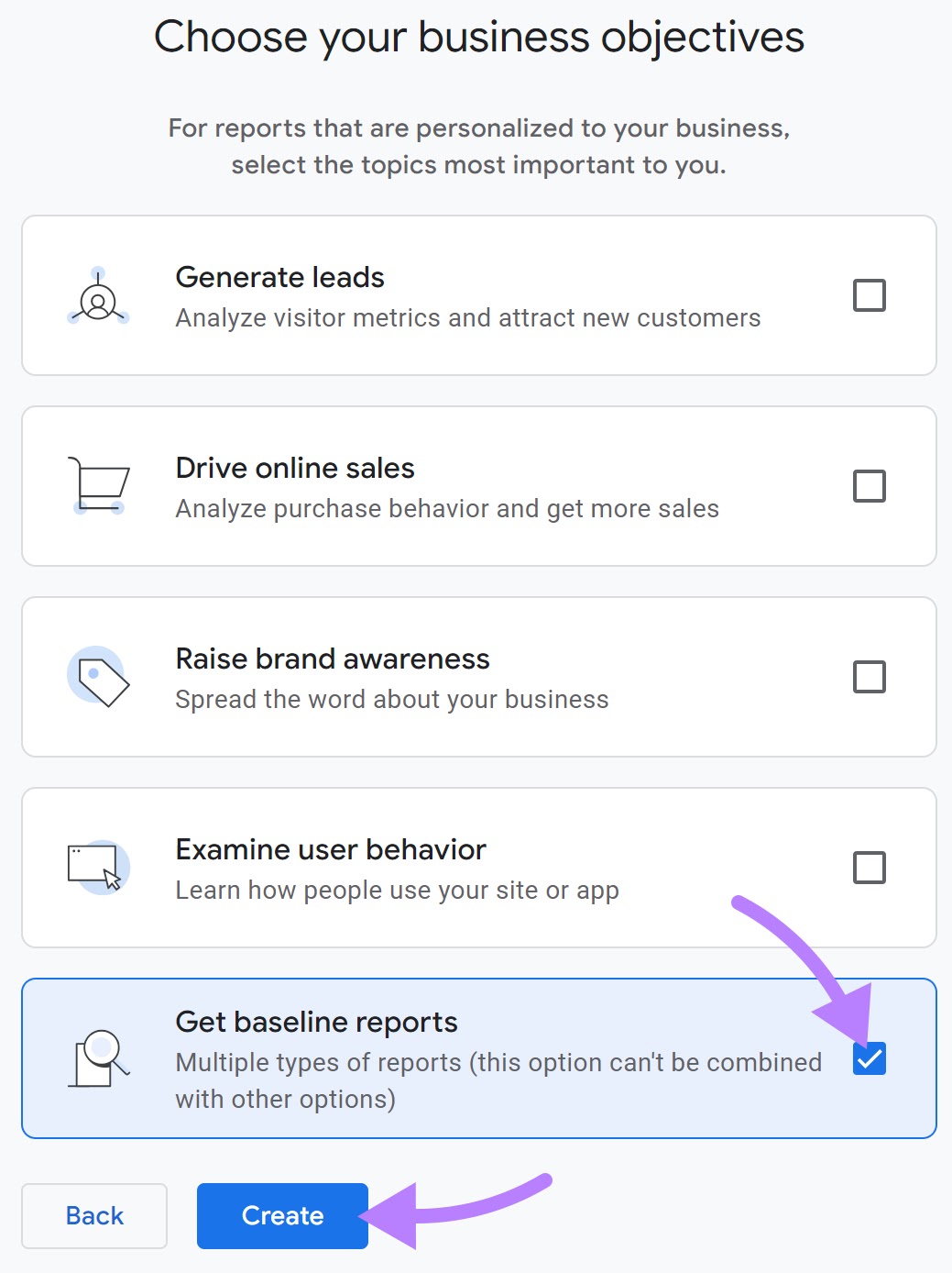 "Get baseline reports! enactment    selected nether  "Choose your concern  objectives" section