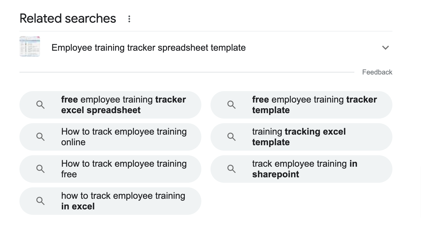 Related searches section for “how to track employee training" query
