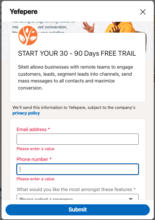 Yefepere lead gen form offering a 30 - 90 day free trial