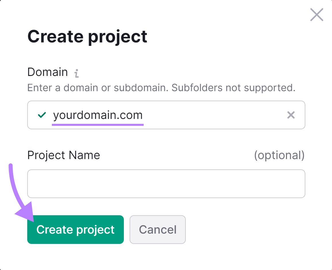 "Create project" pop-up window in Site Audit tool