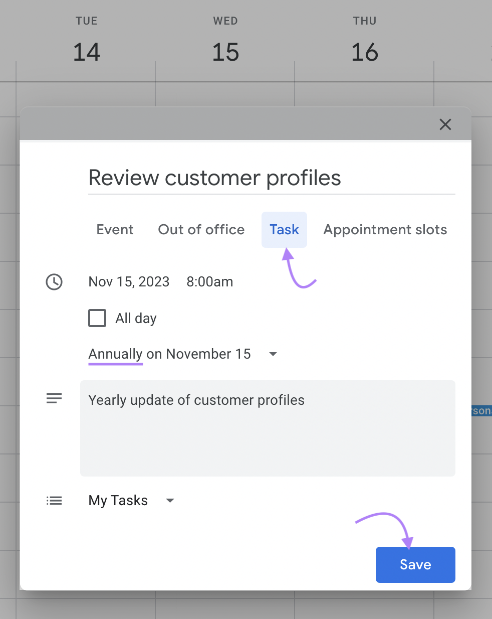 "Review customer profiles" reminder in Google Calendar