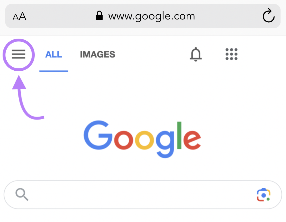 Google homepage with the hamburger icon highlighted in purple