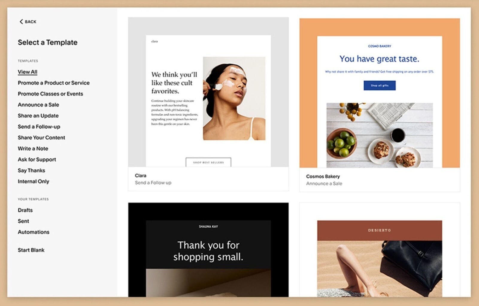 Squarespace’s template selection tool