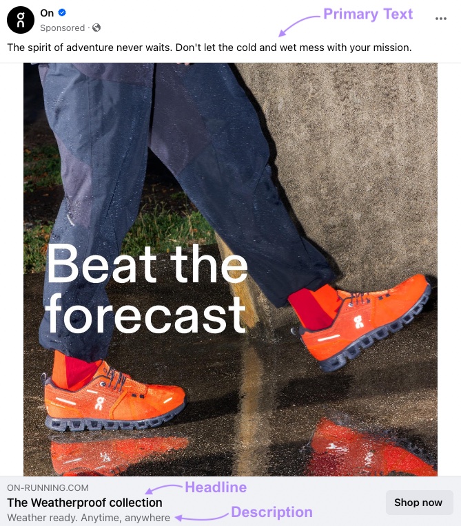 A Facebook ad from running shoe company On with primary text that reads "The spirit of adventure never ends. Don't let the cold and wet mess with your mission."