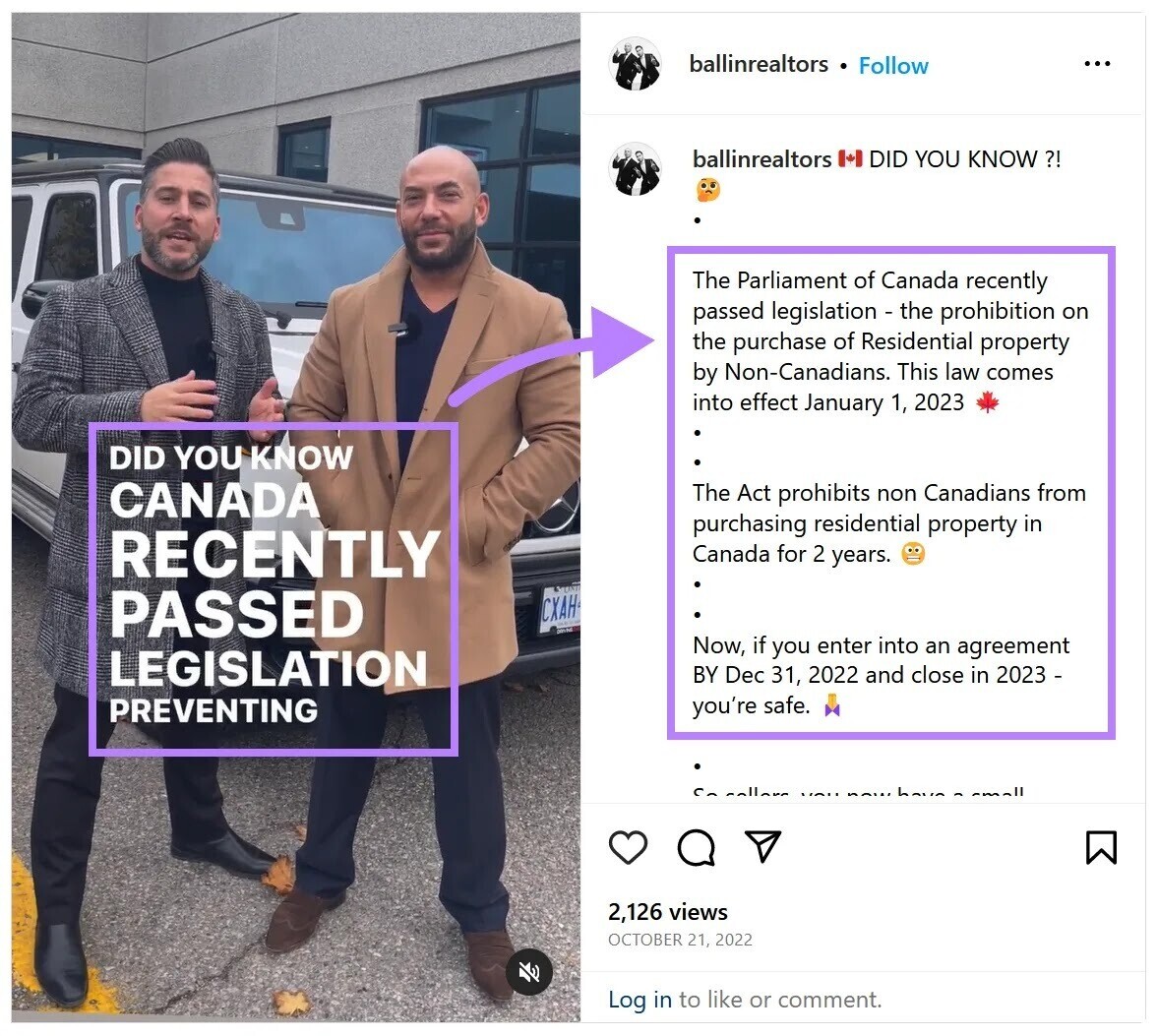 An Instagram post highlighting a market update that impacts real estate decisions