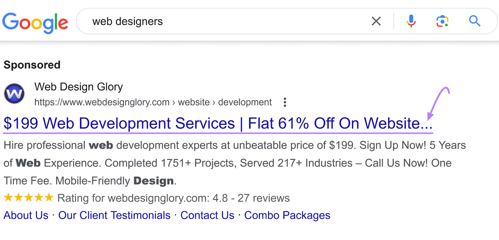 Google SERP for "web designers," highlighting a sponsored ad with a purple arrow pointing to an ellipsis after a title.